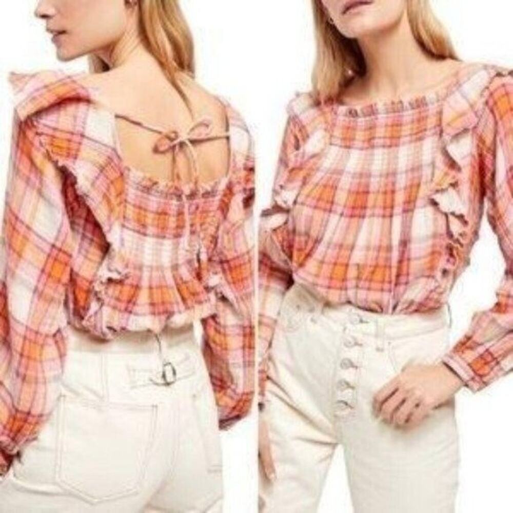 NWT We the Free People top Siena Plaid cotton gauze tea combo orange pink small